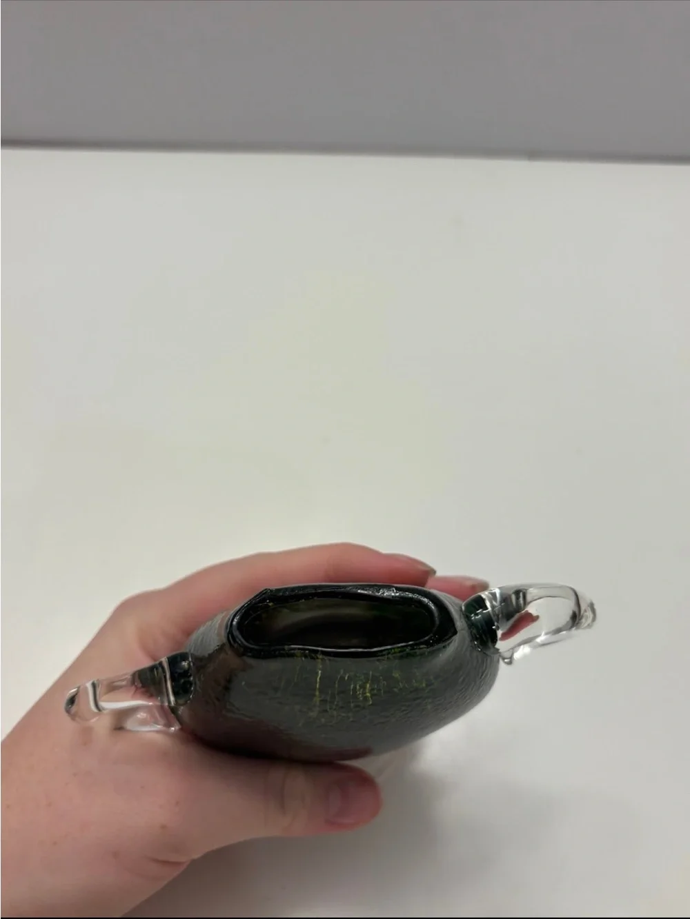 vintage glass vase from Osaka features a dark green, speckled design